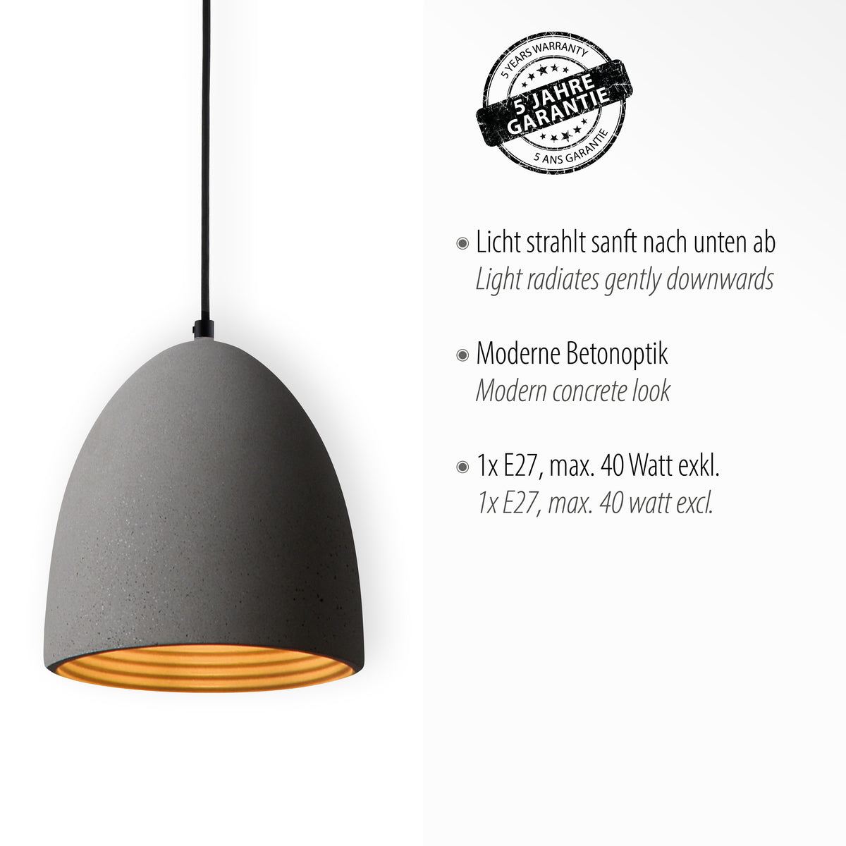 Détail produit et texte technique : lumière diffuse vers le bas, béton moderne, douille E27.