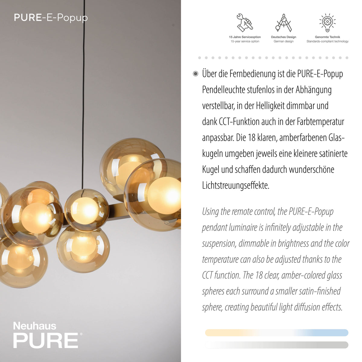 Détail rapproché des sphères de verre ambré entourant une petite sphère satinée lumineuse.