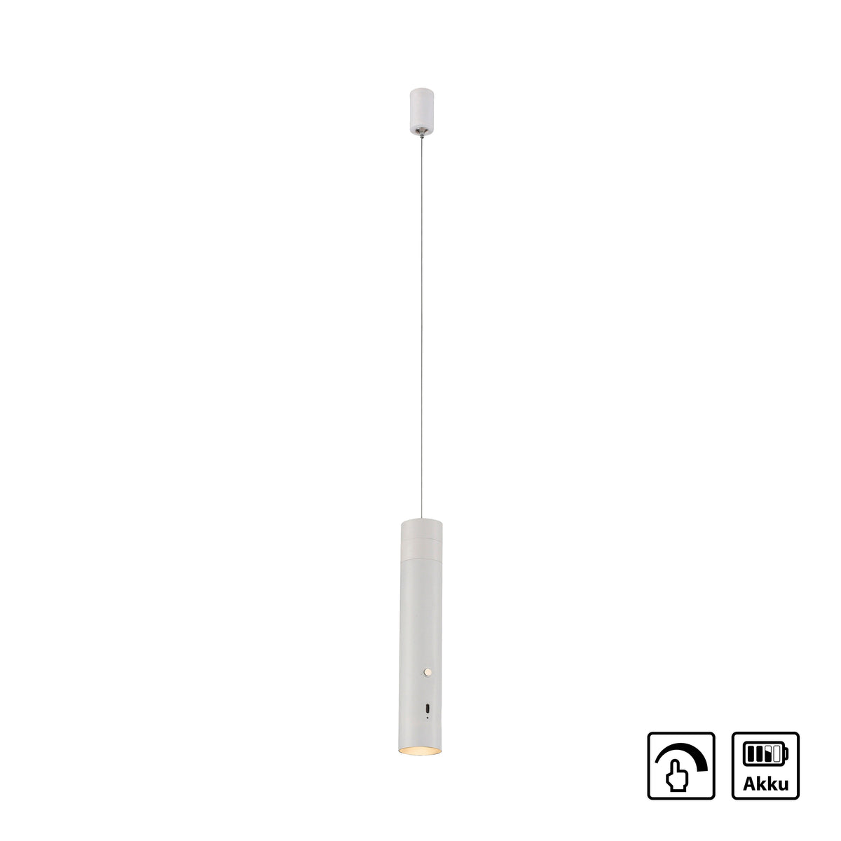 Vue de face sur fond blanc avec pictogrammes variateur tactile et batterie rechargeable.