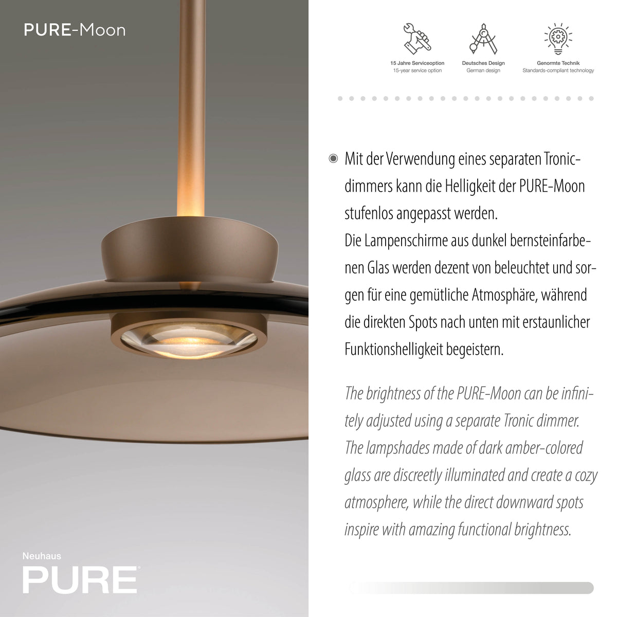 Détail rapproché du diffuseur et de la tige lumineuse au-dessus du verre ambré