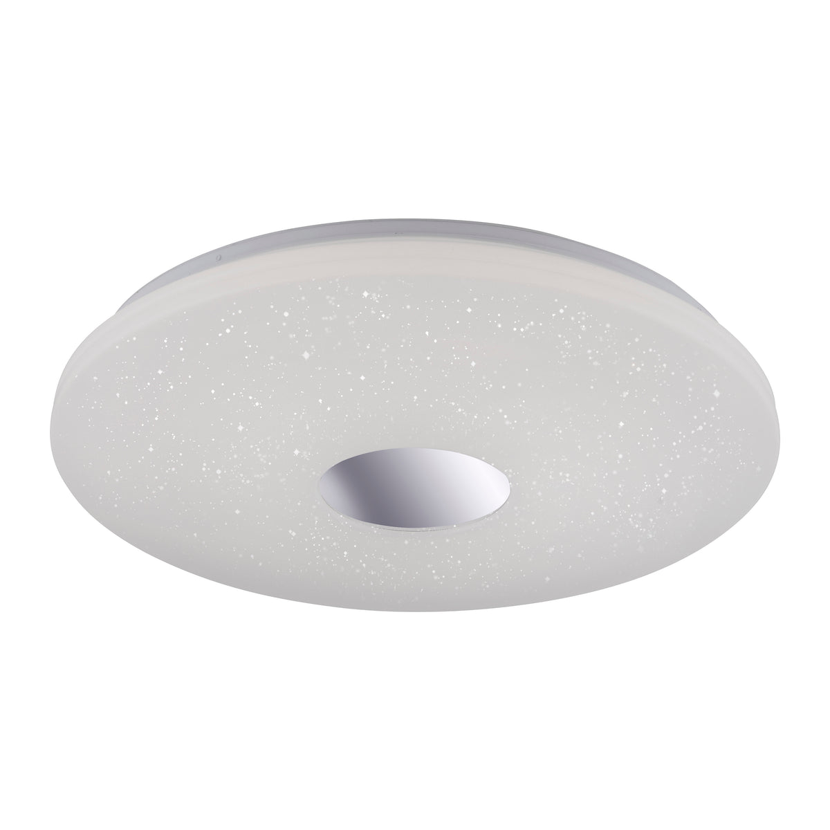 Vue de face du plafonnier rond blanc avec effet ciel étoilé et ouverture centrale