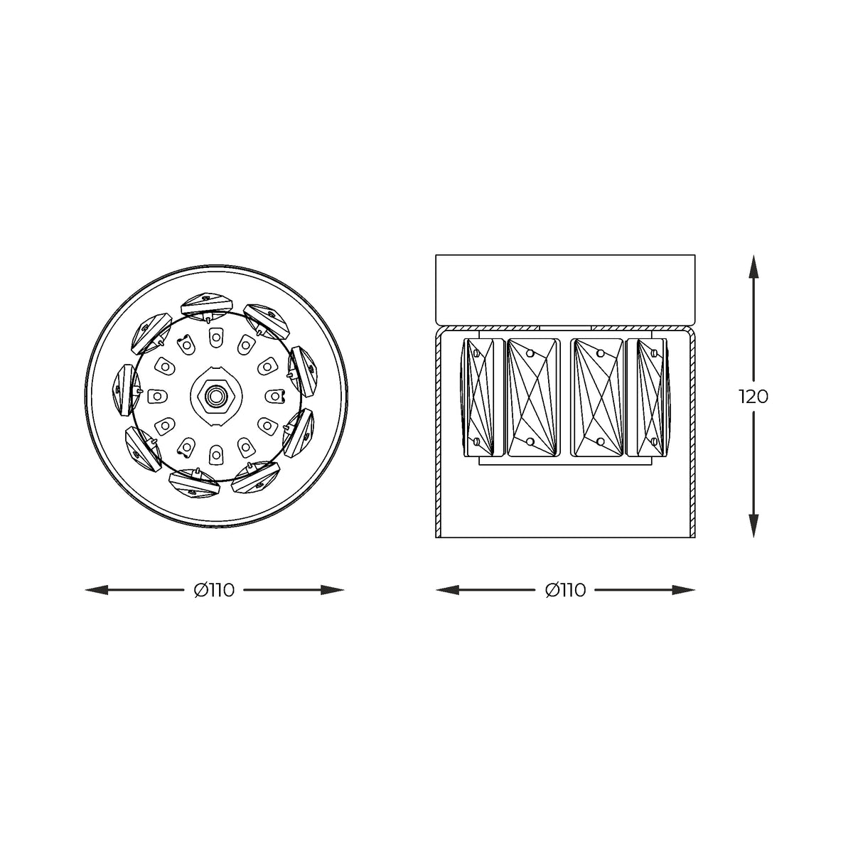 Schéma technique coté du plafonnier, diamètre 110 mm et hauteur 120 mm.
