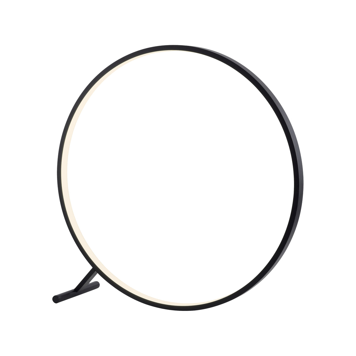 Lampadaire annulaire noir de face, cercle lumineux blanc intégré.