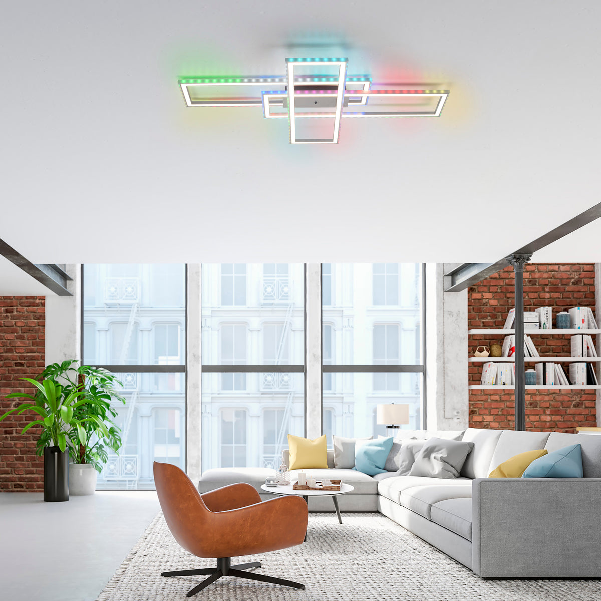 Mise en ambiance du plafonnier allumé en couleurs RGB dans un salon contemporain