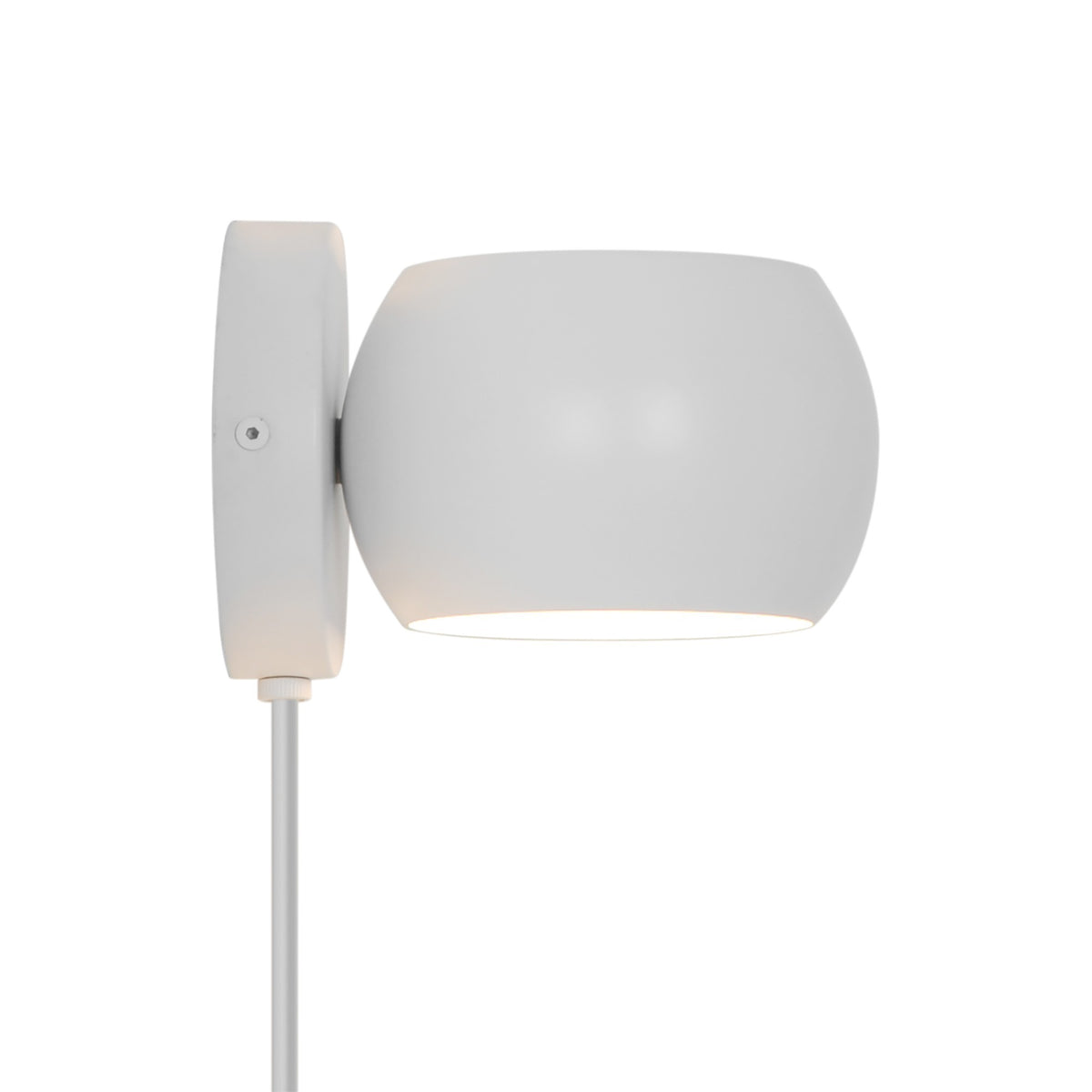 Vue de côté du luminaire blanc fixé sur sa platine murale ovale