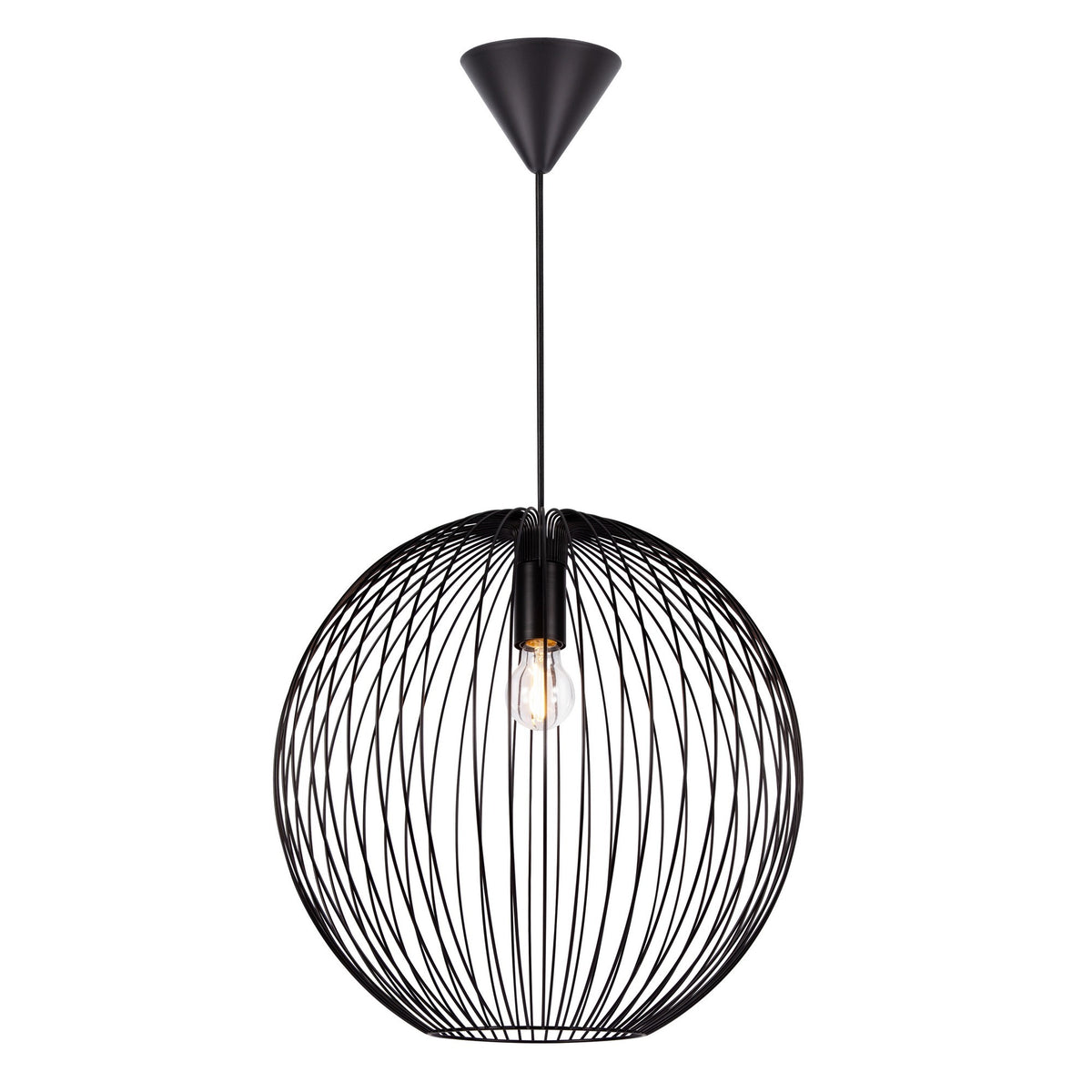 Vue de face de la suspension noire avec sa cage sphérique en fil métallique