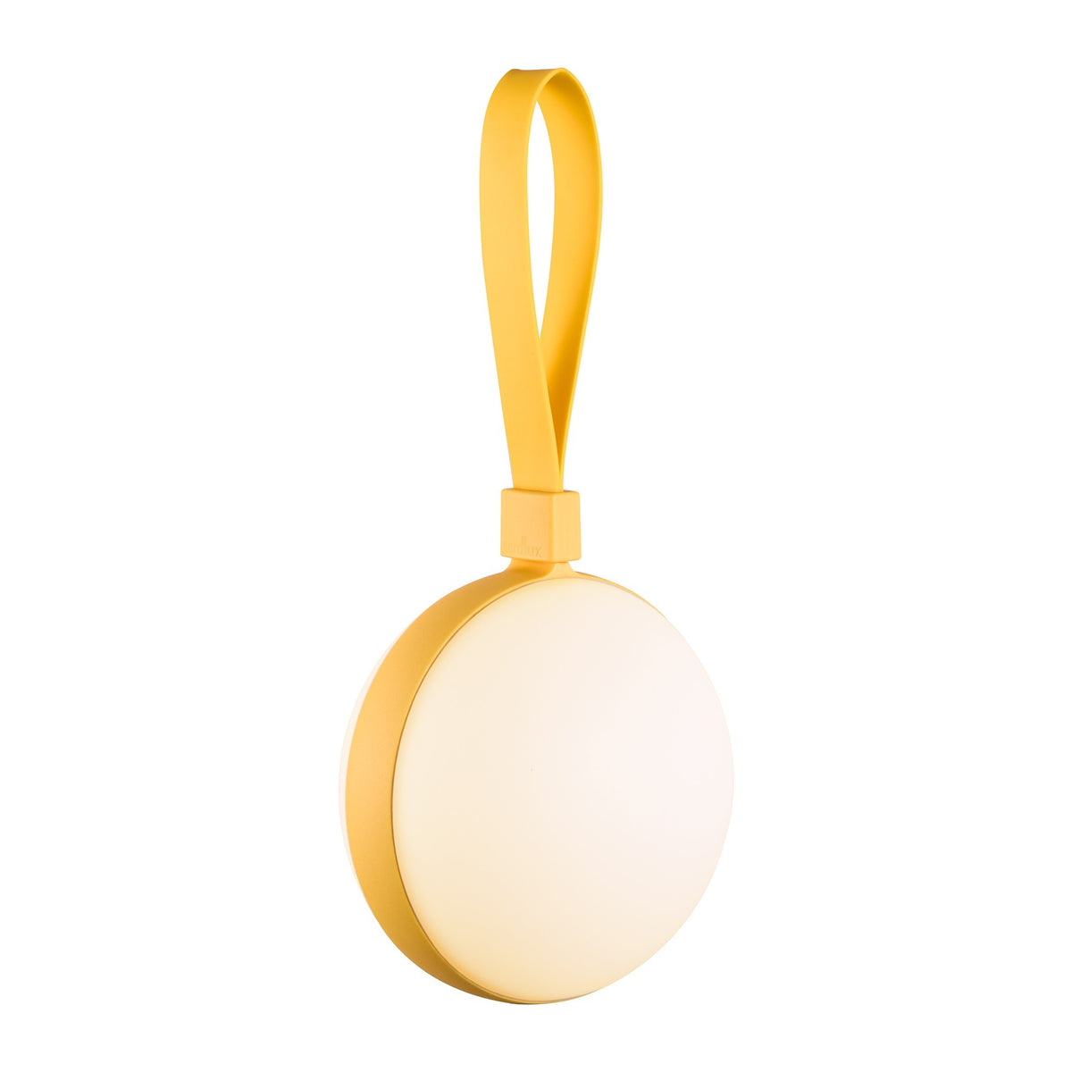 Lampe nomade jaune ronde vue de face, dragonne formant une boucle.
