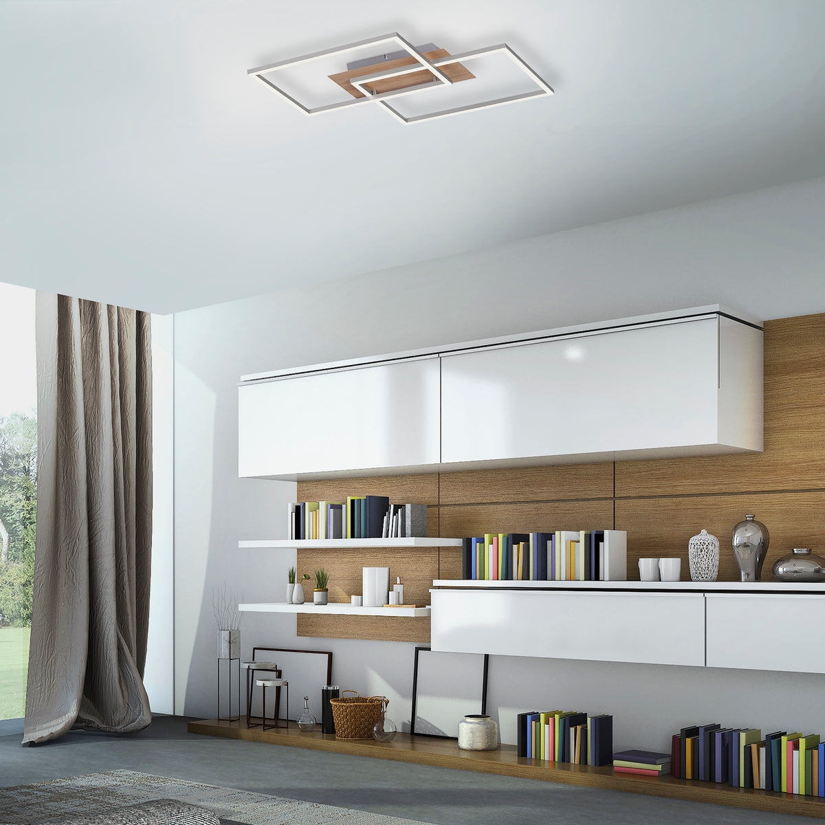 Mise en ambiance du plafonnier installé au plafond dans un salon moderne.