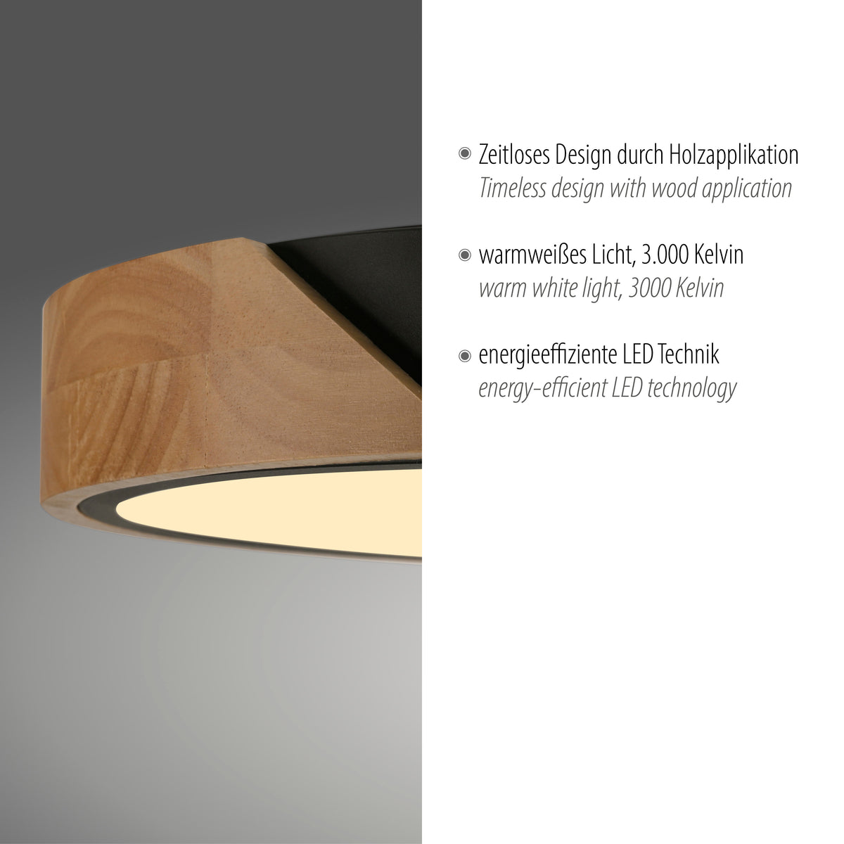 Détail de l'applique bois et mention de la lumière blanc chaud