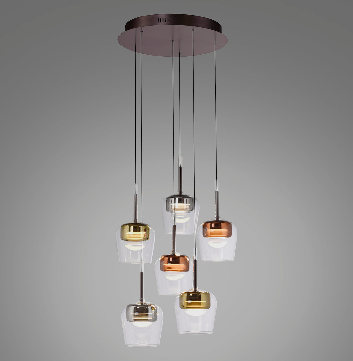Suspension six abat-jours en verre transparent teinté or, cuivre et chrome sur câbles