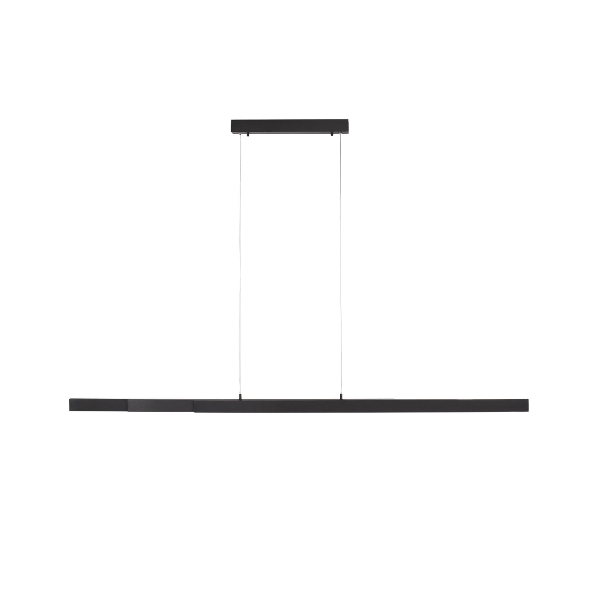 Vue de face du luminaire suspendu noir sur fond blanc, structure épurée.