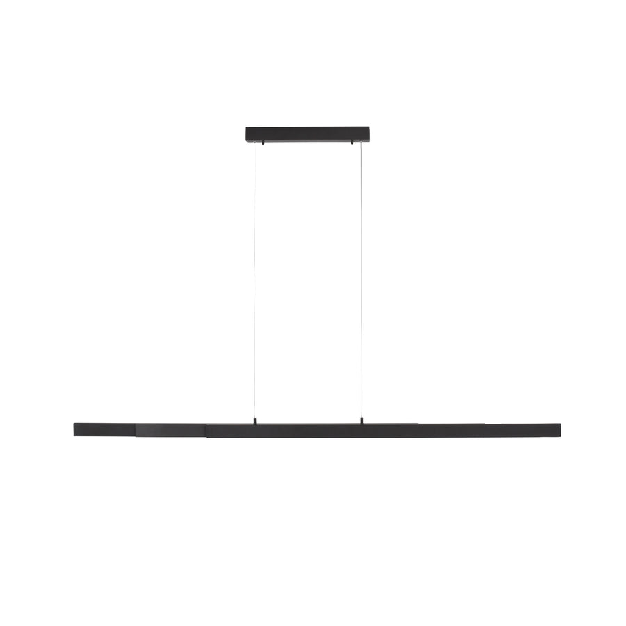 Vue de face du luminaire suspendu noir sur fond blanc, structure épurée.