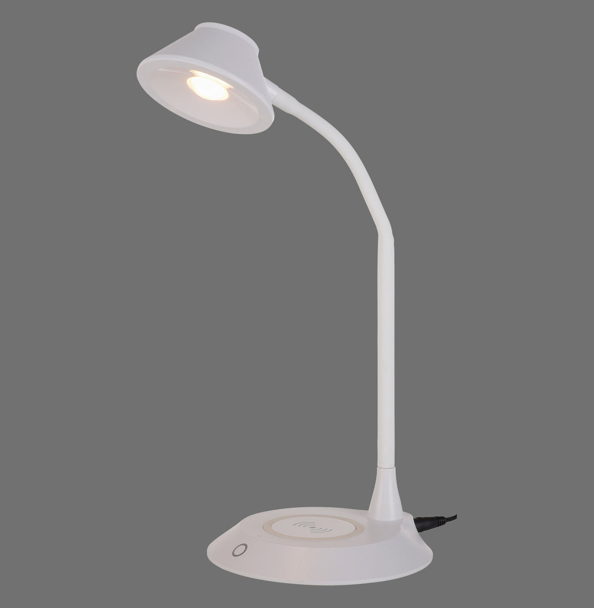Lampe à poser blanche avec col de cygne et socle rond, vue de trois quarts.