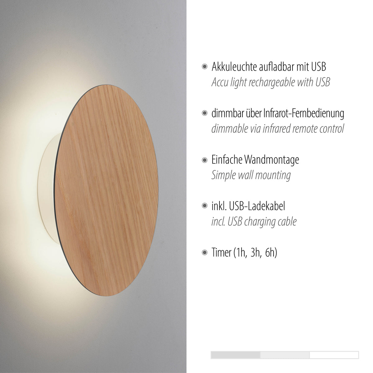 Fiche produit listant recharge USB, variateur et minuterie du luminaire