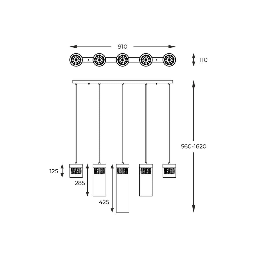 Schéma de dimensions de la suspension avec largeur 910 mm et hauteur réglable.