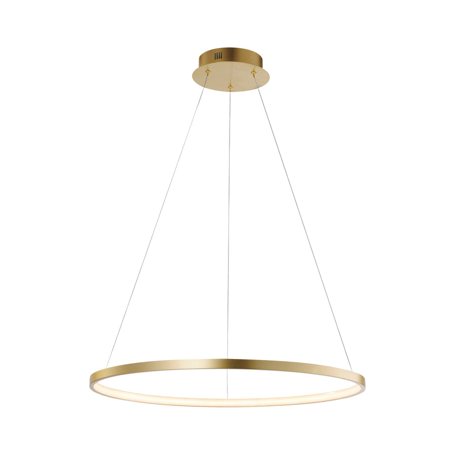 Produit isolé sur fond blanc, anneau doré et ses trois câbles de suspension fins