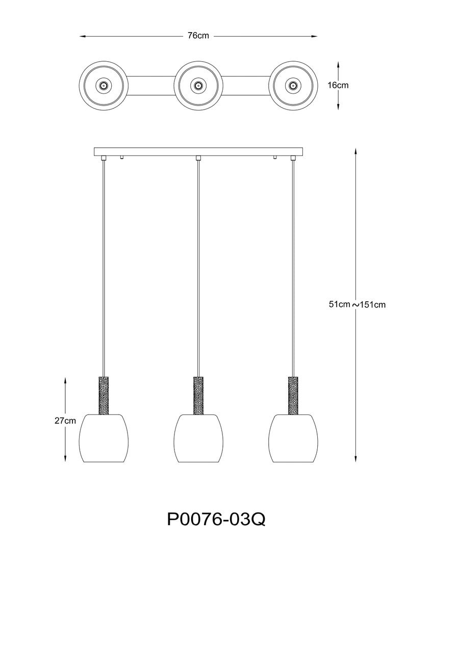 Suspension Calvo 3 lumières noire mat et dorée, verre, L 16 cm