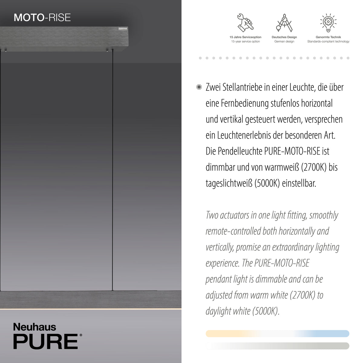 Gros plan sur la suspension et texte technique MOTO-RISE avec icônes de service et design.