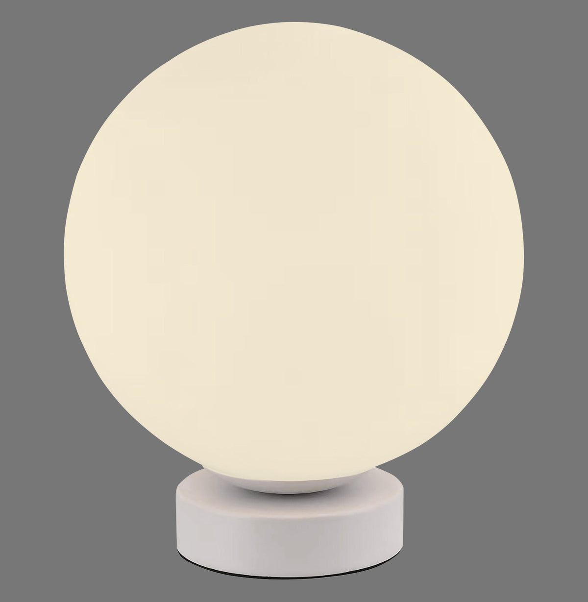 Lampe à poser blanche, globe en verre et base cylindrique, vue de face.