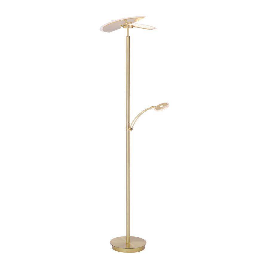 Vue de face sur fond blanc du lampadaire entier, pied et diffuseurs visibles.