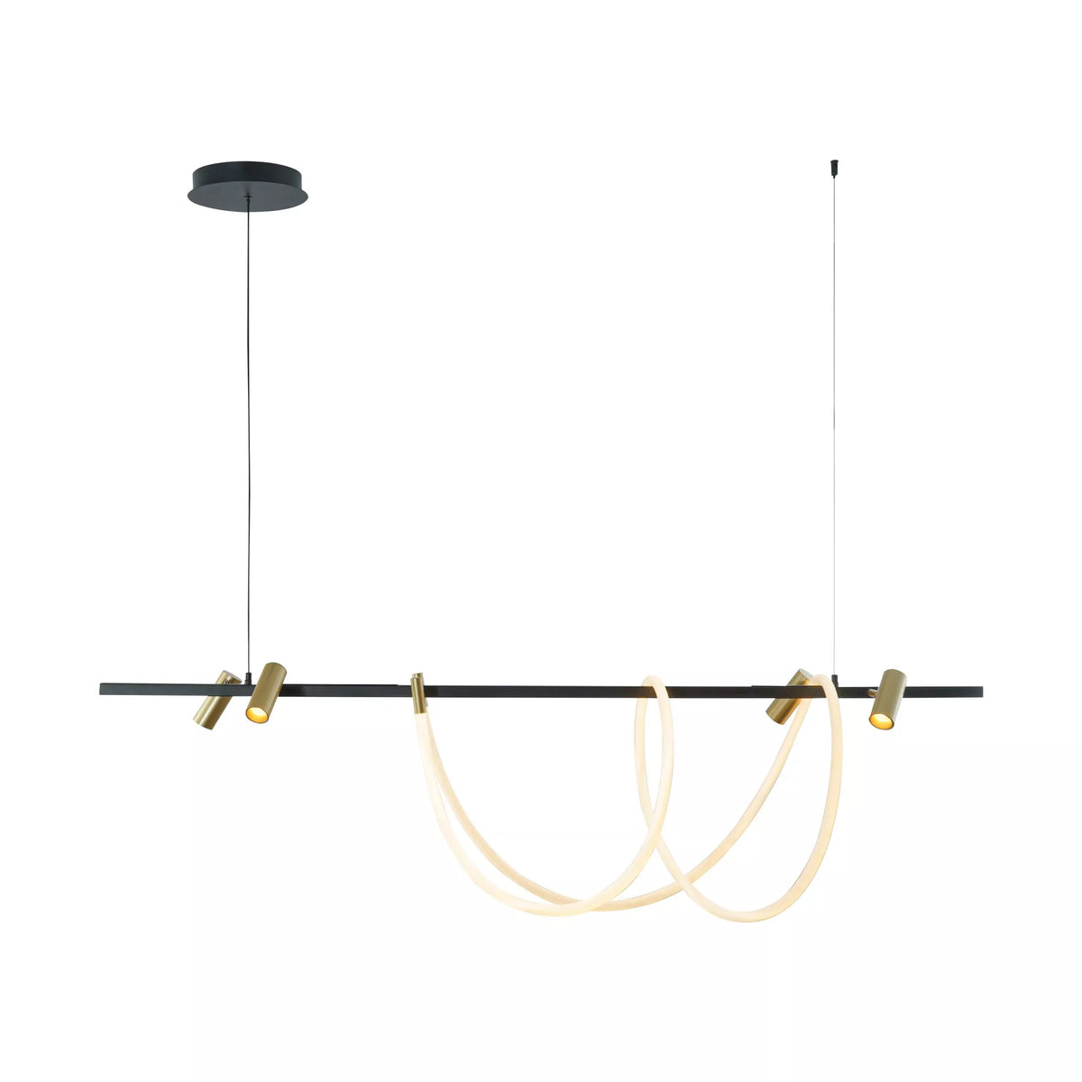 Vue de face du luminaire suspendu noir et doré, ruban LED formant des boucles.
