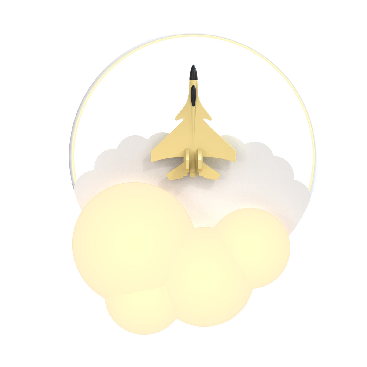 Plafonnier allumé, nuages lumineux et avion doré au centre