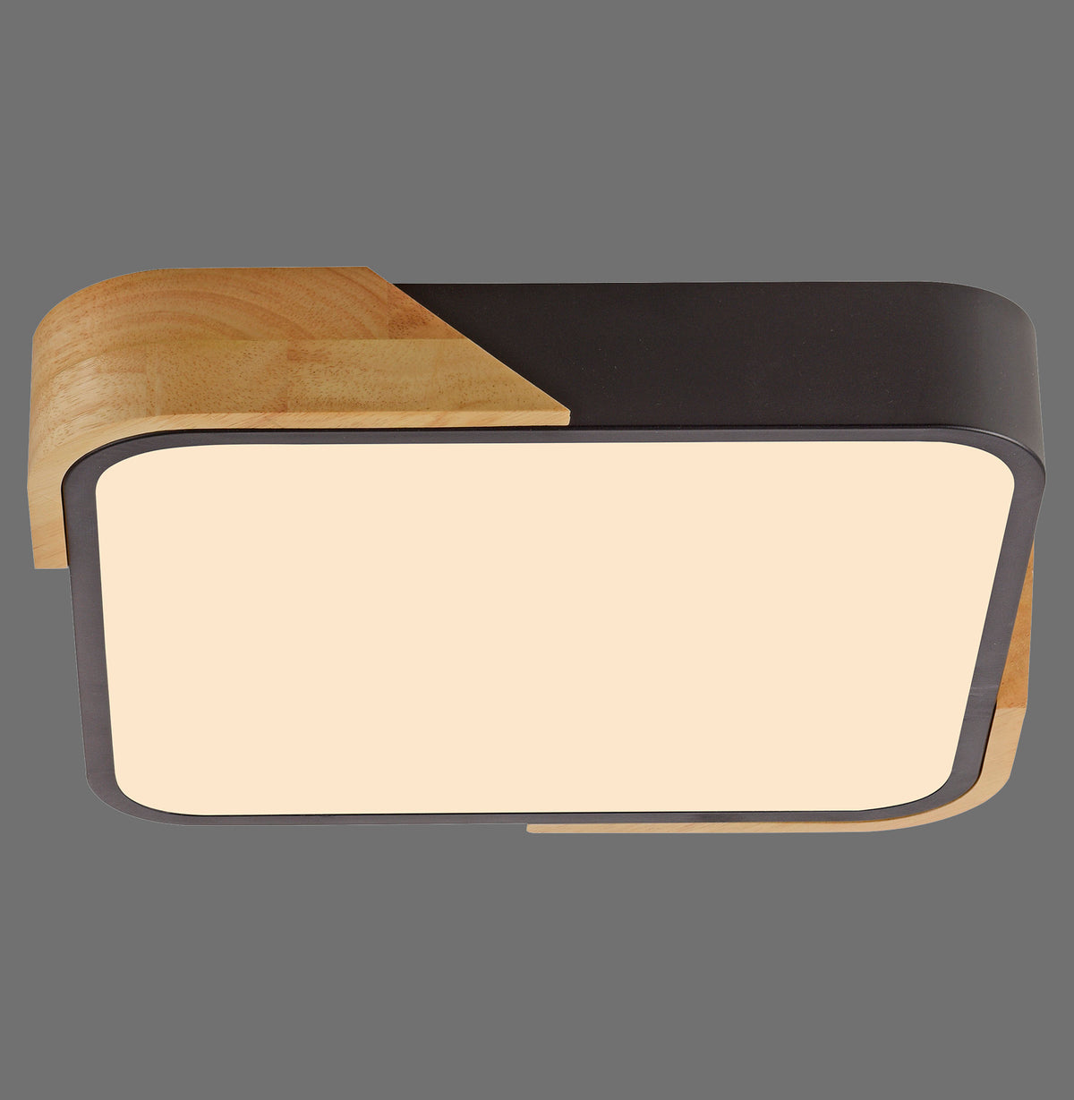 Plafonnier rectangulaire noir et bois vu de face sur fond gris