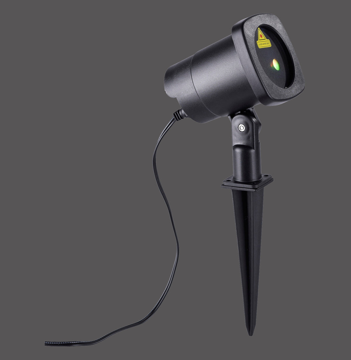 Vue de face du projecteur laser noir avec piquet et câble d'alimentation.