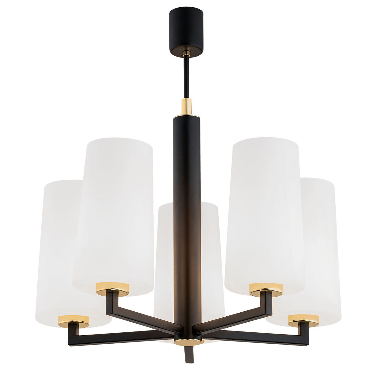 Lustre cinq lumières noir et doré avec abat-jours cylindriques blancs, vue de face.