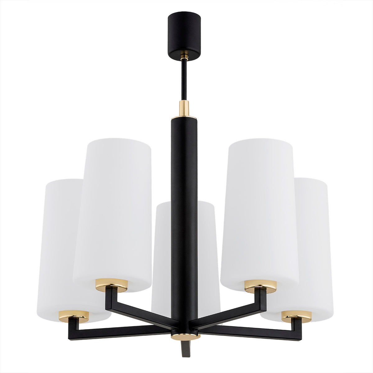 Vue d'ensemble du luminaire suspendu, structure noire et détails dorés, cinq diffuseurs blancs.