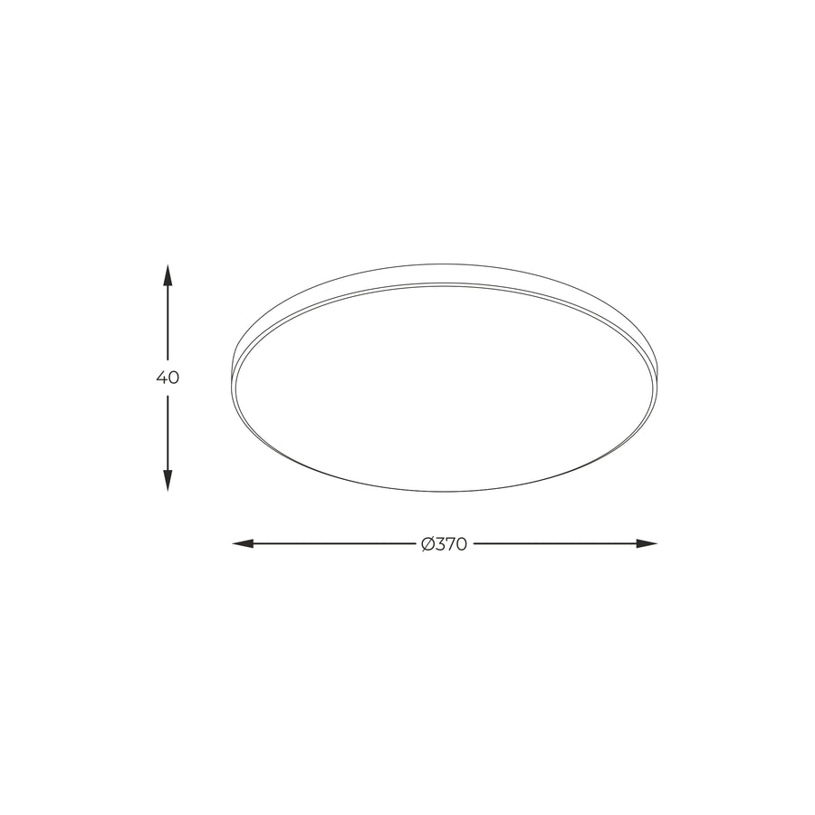 Schéma technique coté du plafonnier, diamètre 370 mm et hauteur 40 mm.