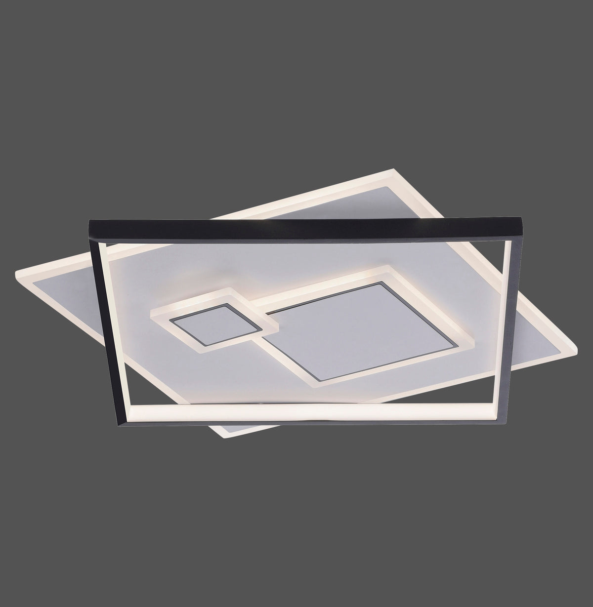 Vue de face du plafonnier rectangulaire noir et blanc sur fond gris