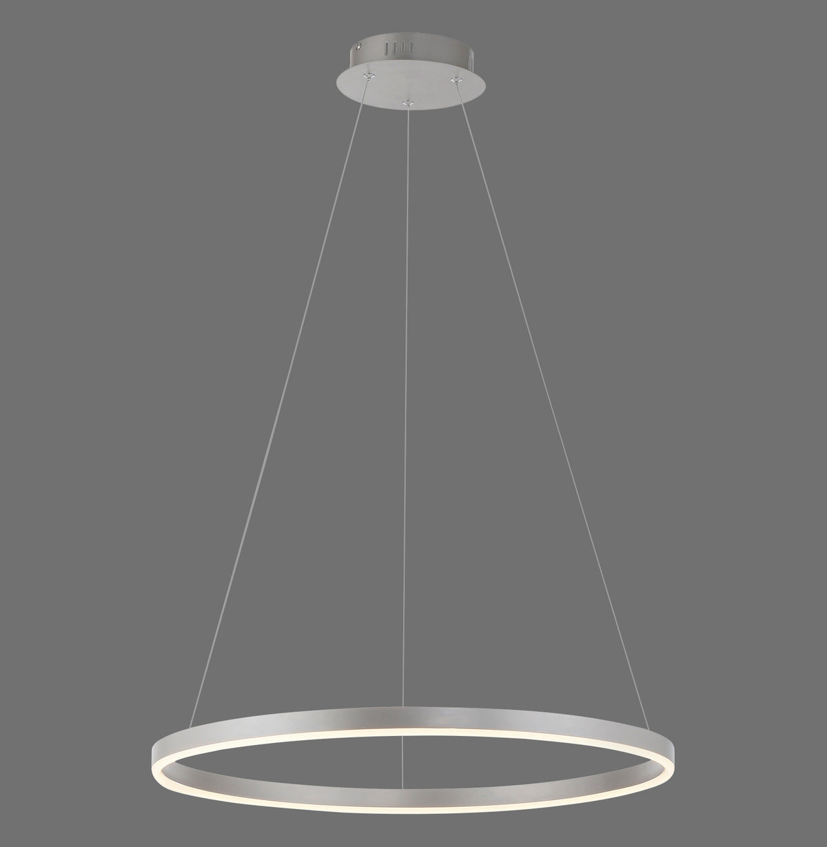 Suspension anneau LED en aluminium, vue de face sur fond gris