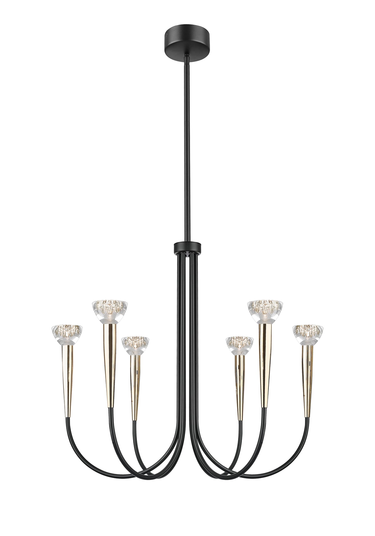 Suspension six bras noirs et dorés, diffuseurs en verre texturé, vue de face