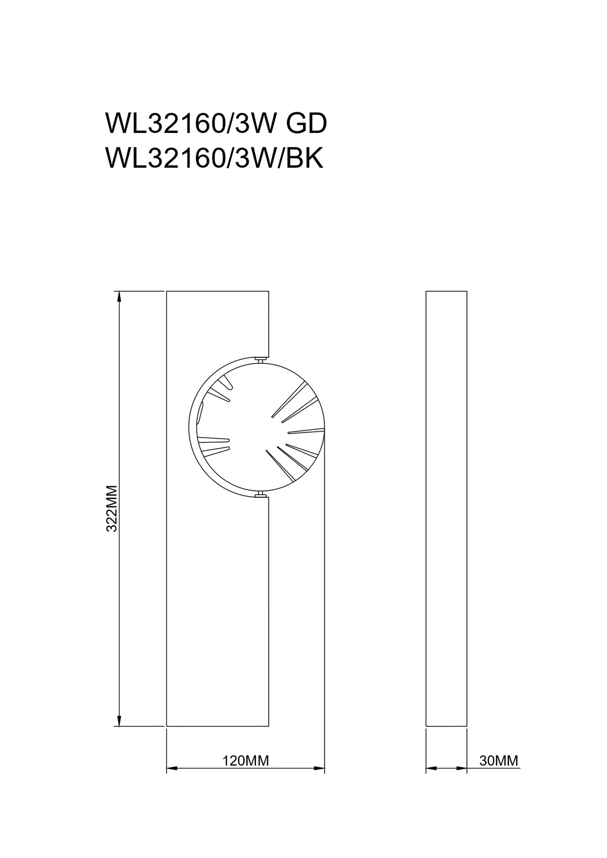 Schéma technique coté du luminaire mural indiquant 322 mm de haut et 120 mm de large