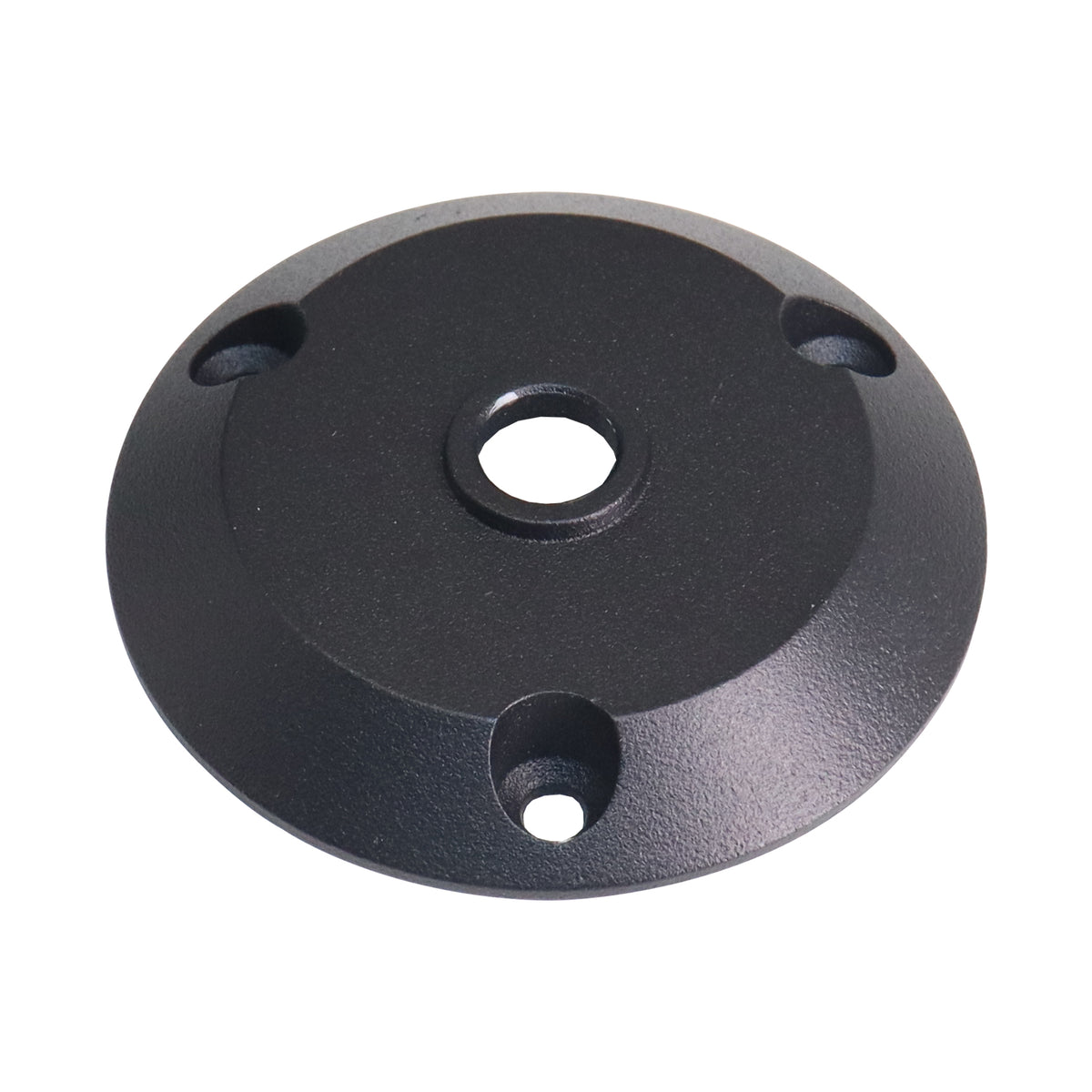 Détail de la base de fixation ronde noire avec trois trous de vis.