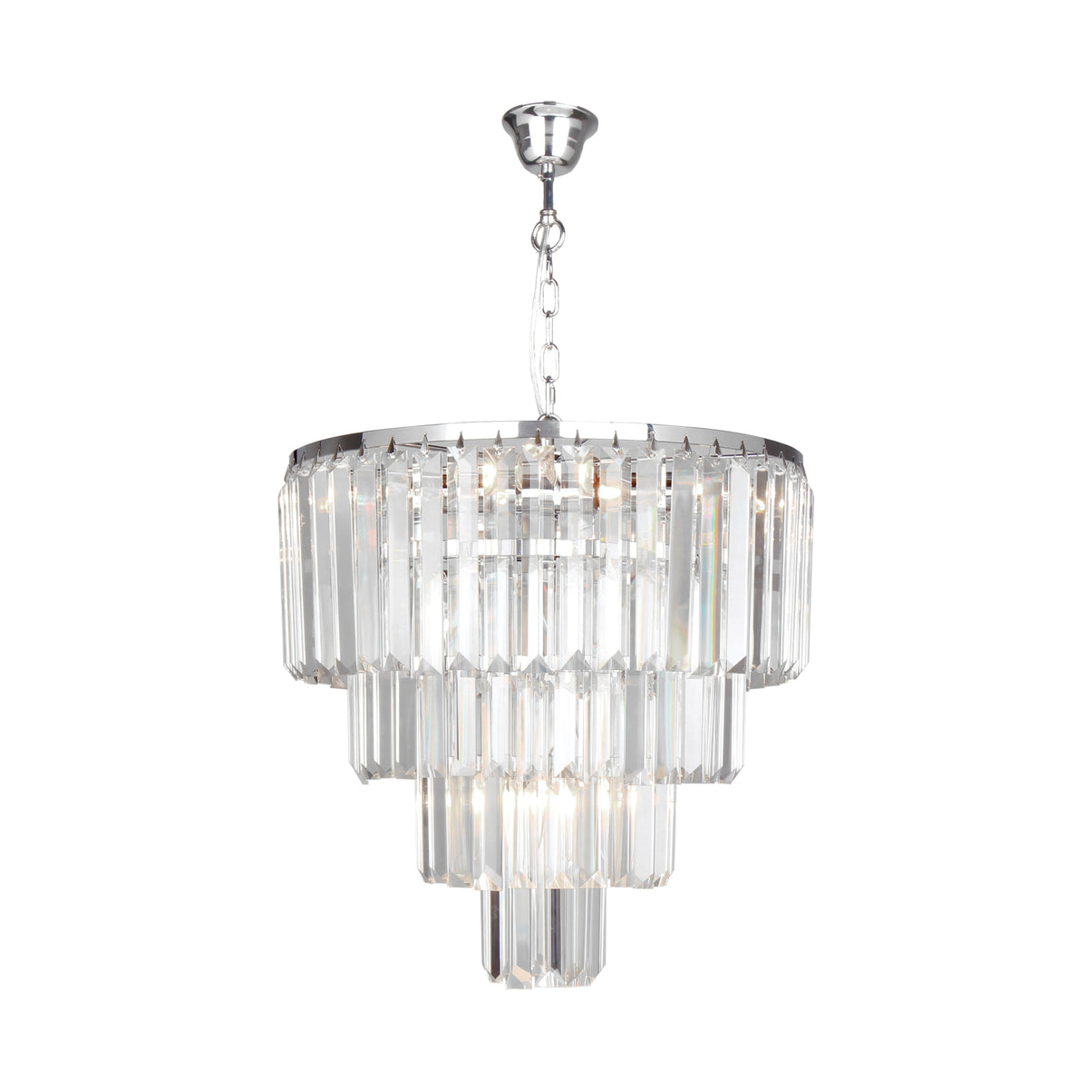 Suspension chromée à cinq lumières avec gradins de verre transparent, vue de face sur fond blanc.
