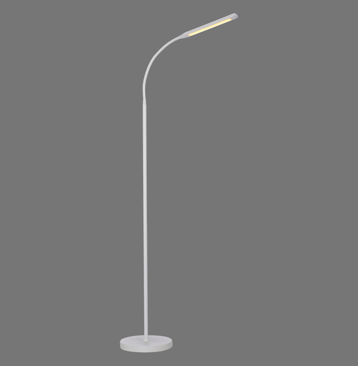 Lampadaire blanc fin, tige souple et tête plate allongée sur fond gris.