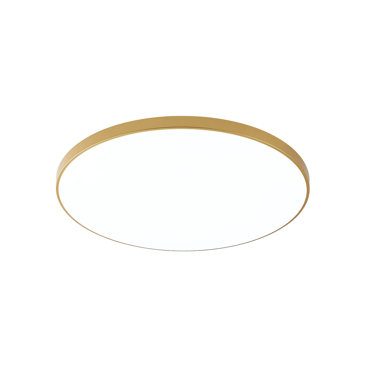 Plafonnier rond doré et blanc vu de trois quarts, finition lisse.