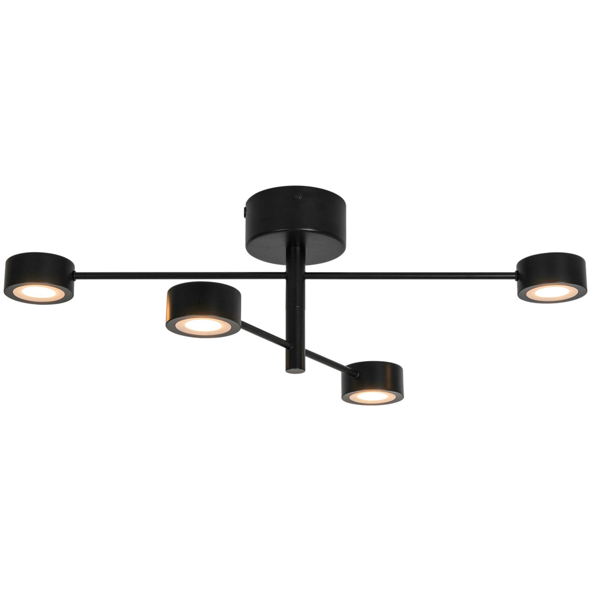 Vue légèrement inclinée du luminaire, montrant la barre horizontale et les quatre têtes orientables.