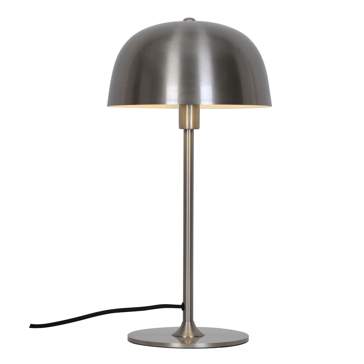 Lampe de bureau vue de face, abat-jour dôme en métal brossé argenté et pied fin