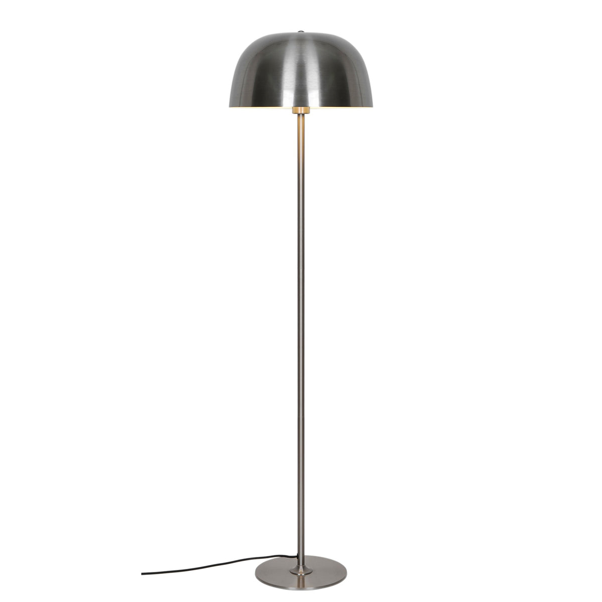 Lampadaire finition nickel brossé, abat-jour dôme et pied circulaire, vu de face