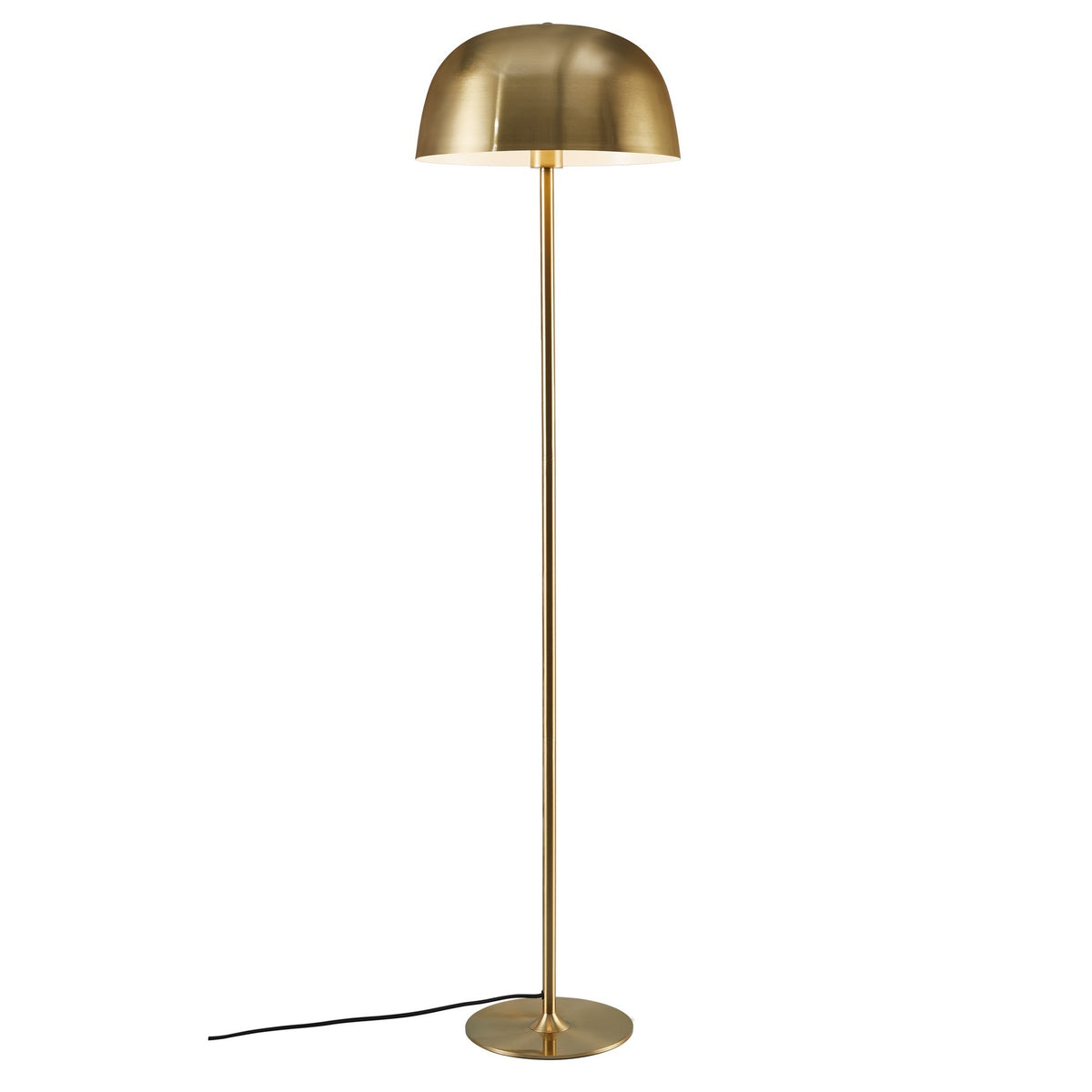 Lampadaire finition laiton doré présenté de face avec son câble au sol