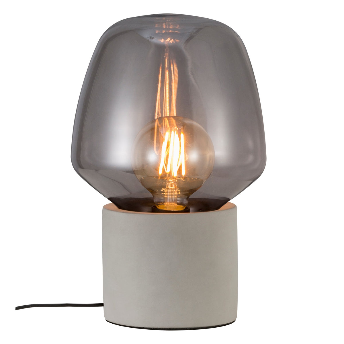 Lampe à poser de face sur fond blanc, verre fumé et socle cylindrique gris clair.