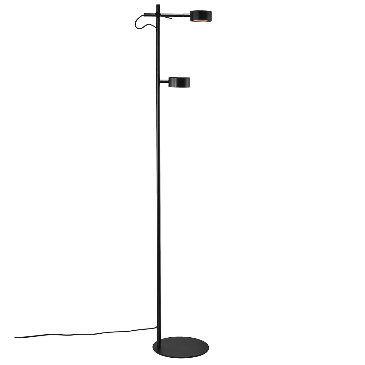 Lampadaire noir à deux têtes cylindriques réglables, vue de face avec câble apparent.