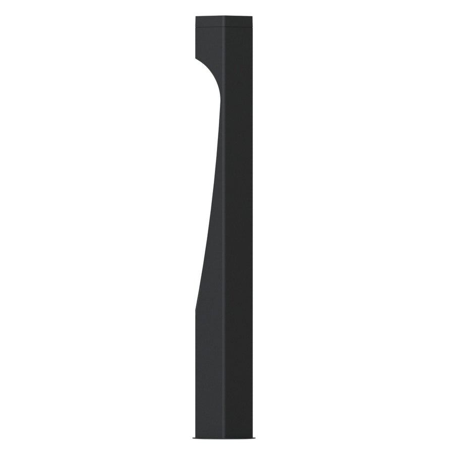 Profil latéral de la borne anthracite, découpe incurvée et diffuseur éteint.