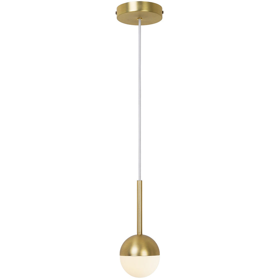 Vue de face du luminaire doré avec sa sphère en verre et métal