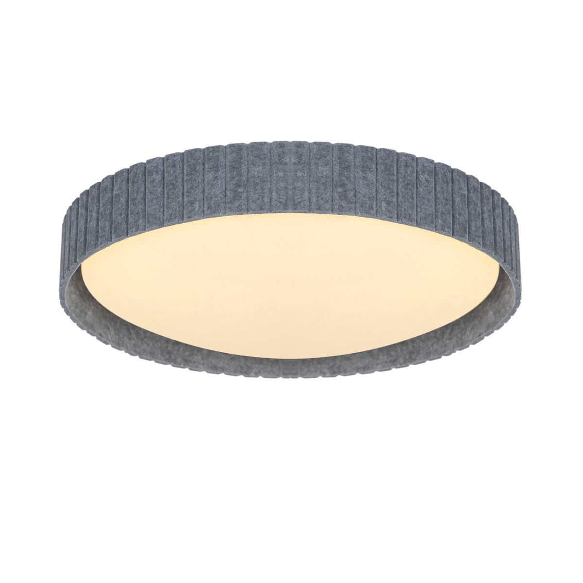 Plafonnier rond gris en feutre plissé, vue de face sur fond blanc