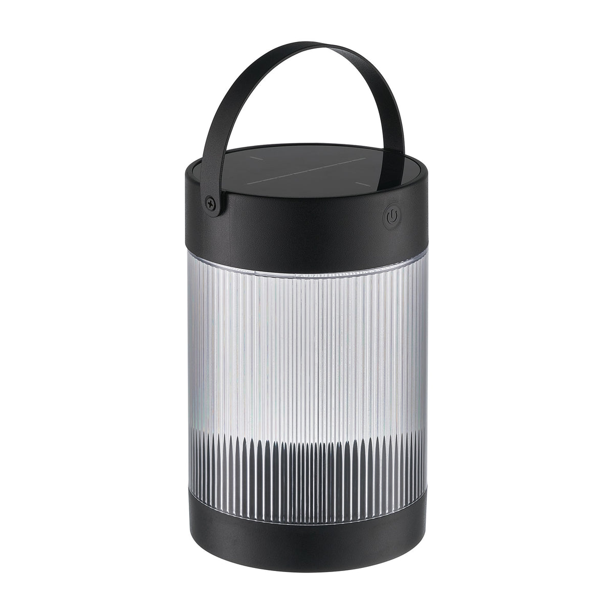 Vue de trois quarts du luminaire éteint, montrant le sommet et la base noirs.