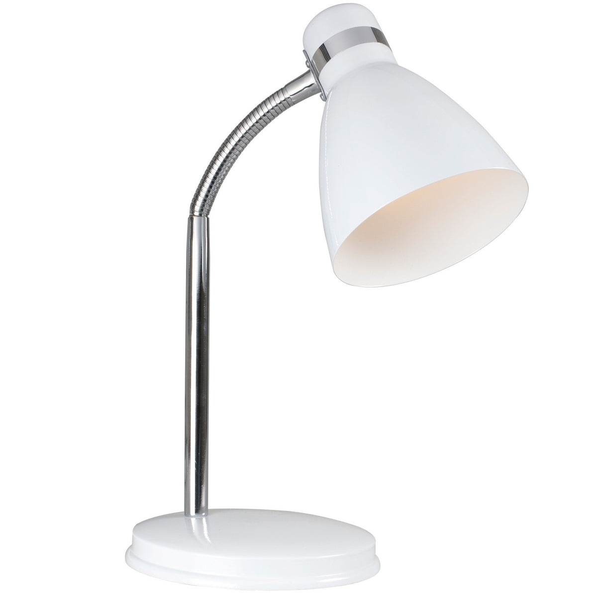 Lampe à poser blanche de profil sur fond blanc, abat-jour incliné.